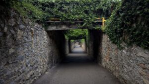 緑の下にある石造りの回廊が続く向こうに光